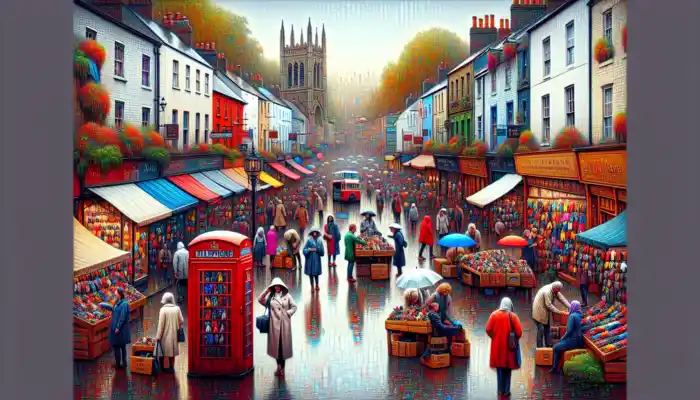 Bustling UK high street with diverse shoppers examining colourful gloves in shops and markets, featuring iconic red telephone booths, rainy weather, and Big Ben.