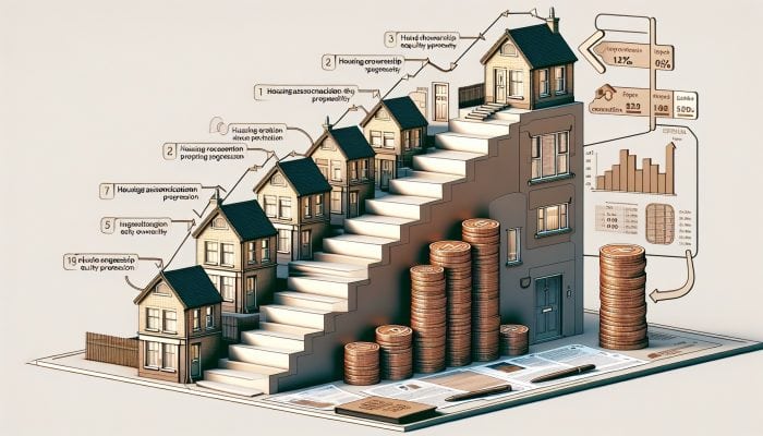 Symbolic ascending staircase leading to a modern British home, with steps showing rising equity percentages, housing badges, valuation documents, and growing coin stacks.