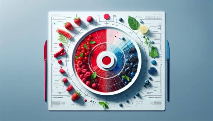 Elegant dish with red berries, blue sauces, and fresh greens on a white plate, illustrating color psychology in a modern setting.