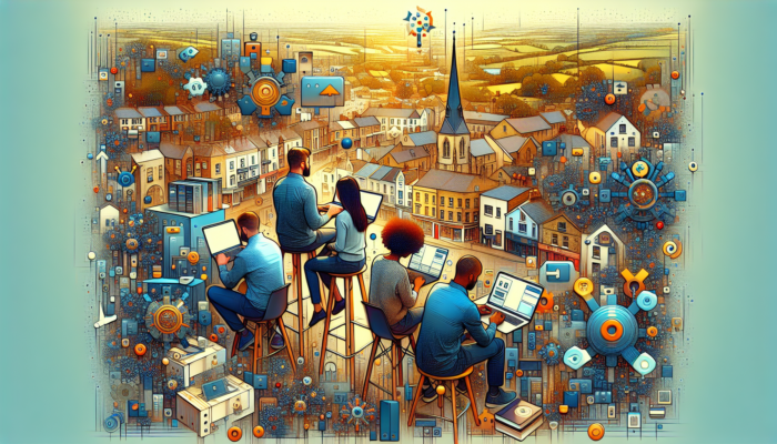 Diverse developers in a modern Stroud office collaborate on ecommerce projects, surrounded by UK maps, laptops, and town views.