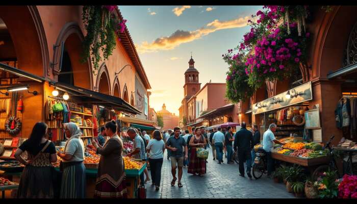 Bustling street market in San Miguel de Allende: locals negotiating over colourful artesanias, fresh produce, and flowers under colonial archways at sunset.