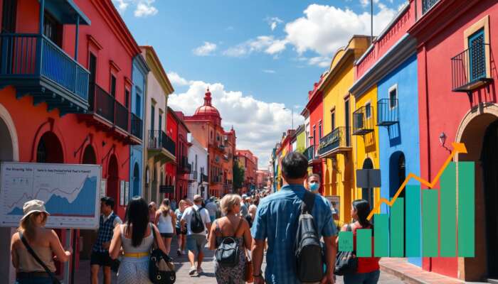 Vibrant street scene in San Miguel de Allende featuring colourful colonial architecture, tourists admiring real estate signs and upward graphs under a sunny sky.
