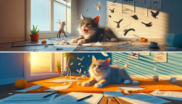 Illustration of a cat's behavior after spaying: from aggressively scratching furniture and yowling in chaos to calmly lounging and purring on a sunny windowsill.