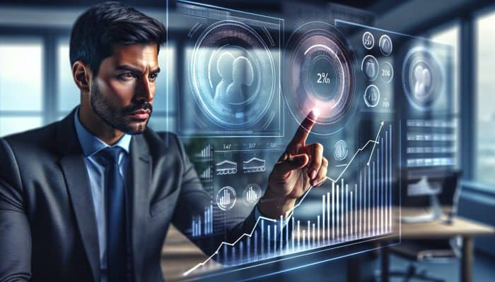 Determined professional in modern London office reviews balance transfer documents amid holographic credit scores and approval scale.