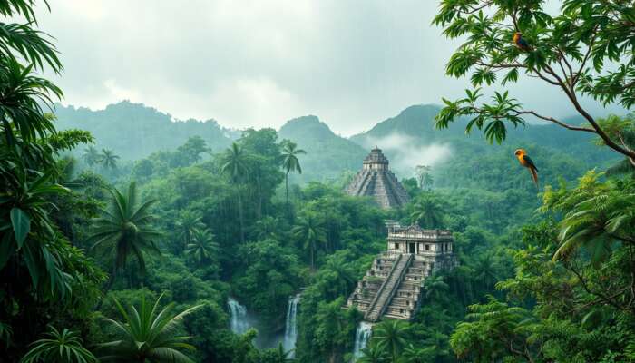Vibrant tropical scene in rainy Belize: lush emerald rainforests, cascading waterfalls, colorful birds, misty Mayan ruins under an overcast sky.