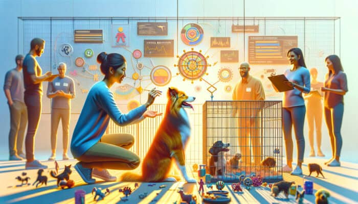 A behaviourist assesses a playful border collie using toys and obstacles in a sunny adoption centre, with volunteers observing.