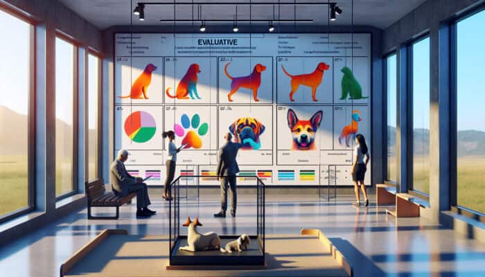 In a bright animal shelter, an evaluator reviews a dog's behavioural charts while a family plays with it.