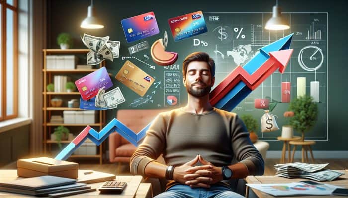 UK person in cozy office consolidates colorful store cards into loan; graphs show rates dropping from 25% to 10%, symbolizing financial freedom.