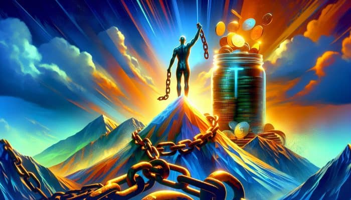 A triumphant figure on a sunlit mountain peak breaks free from rusted debt chains, with a glowing jar overflowing golden coins in a hopeful landscape.