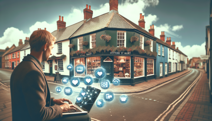 Charming street in Ottery St Mary: a small business owner in a historic shop manages social media on a laptop with floating icons.