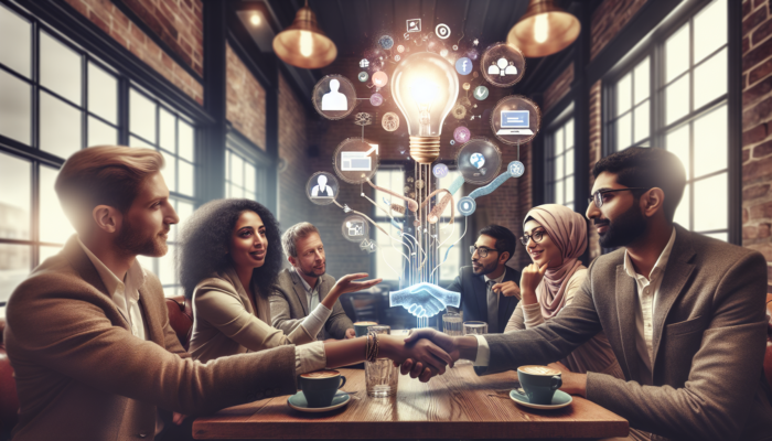 Small business owners in a cosy Ottery St Mary café brainstorm social media strategies, including user-generated content and algorithm adaptations for enhanced engagement.