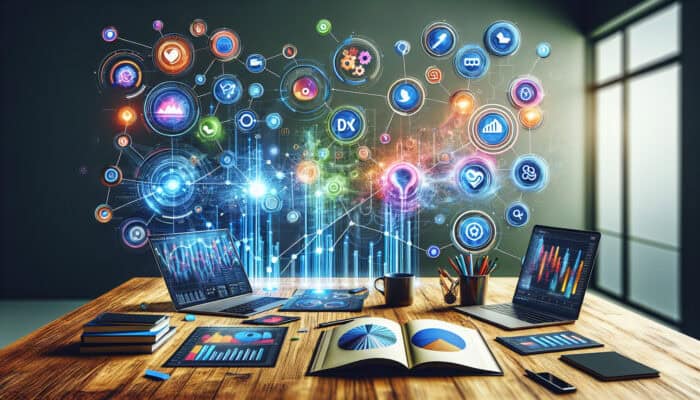 A digital dashboard displaying icons of Google Analytics, Hootsuite, Sprout Social, and Buffer, with graphs tracking social media ROI metrics.
