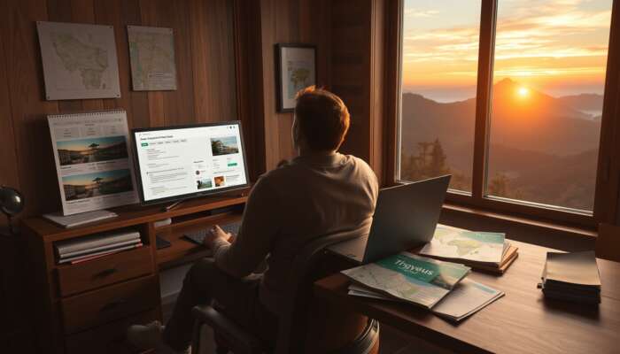 A traveler in a cozy room sits at a desk with a laptop showing hotel options, surrounded by maps and a mountain sunset view.
