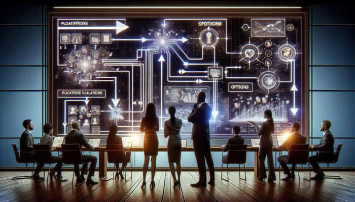 Diverse professionals in a modern boardroom analyse digital screens with platform options, charts, and glowing flowchart arrows.