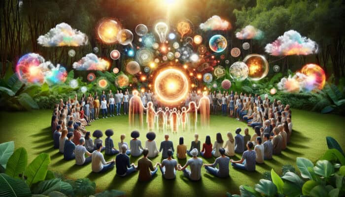 Community Building Trends for Human VAs: Diverse people from various backgrounds form a circle in a lush garden, holding hands, with speech bubbles and a glowing orb symbolizing community trust and growth.