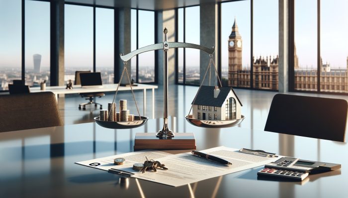 Secured vs Unsecured Debt Consolidation Loans | DCL A balanced scale in a London office: house and keys for secured loans versus pound notes and credit report for unsecured, under Big Ben.