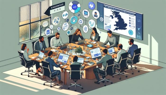 In a modern Kingswood office, web experts and business owners engage in website planning using laptops, digital sketches, payment icons, and Gloucestershire maps.