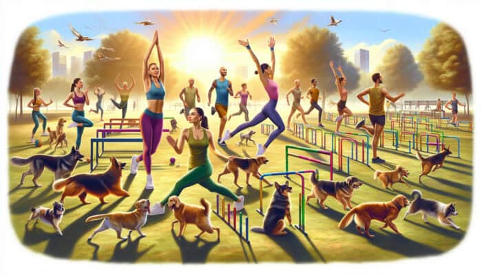 Fitness Classes with Dogs: owners in yoga poses with relaxed dogs, pairs running energetically, and teams navigating colourful agility obstacles under a sunny sky.
