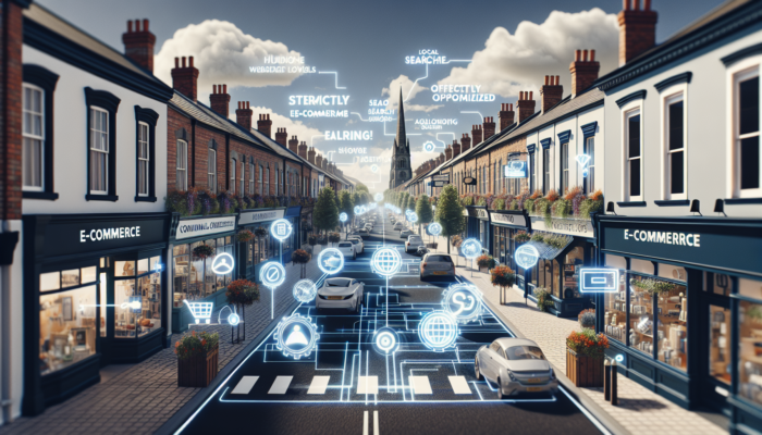 E-commerce SEO in Teignmouth for Small Business: A bustling high street in Teignmouth, UK, with small shops featuring digital overlays like keyword clouds and optimised interfaces for SEO.