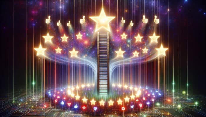 A glowing website climbing a ladder of Google rankings, boosted by stars and thumbs-up reviews from diverse users.