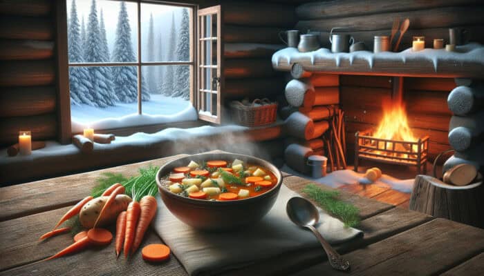 A steaming bowl of vegetable soup on a rustic table in a cozy cabin, with snow outside and a glowing fireplace.