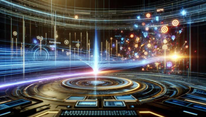A futuristic digital command center with AI orchestrating real-time ad bidding, showing glowing data streams from brands to audiences.
