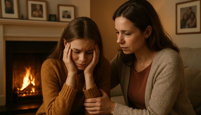 Supporting Relatives to Seek Their Own Advice | DCL Mother comforts anxious daughter by fireplace in cozy UK living room, surrounded by family photos.