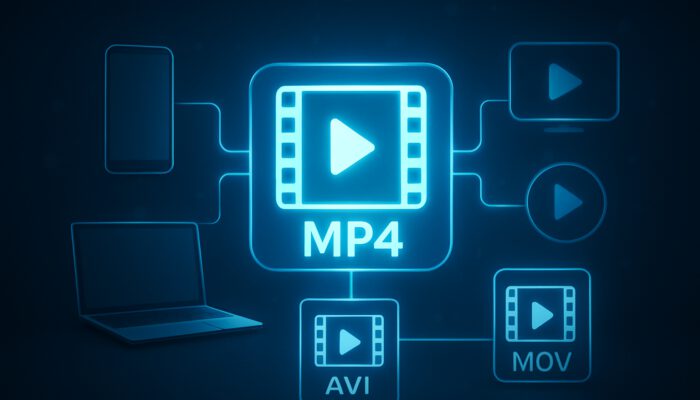MP4 icon glowing in digital interface with AVI and MOV, connected to smartphones, laptops, and streaming platforms.