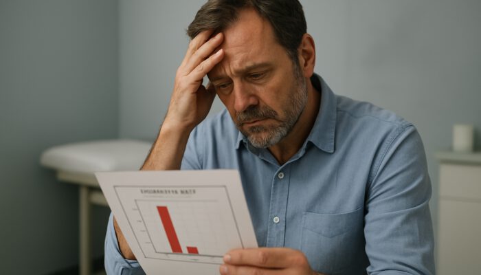Weary middle-aged man in clinic examining low testosterone blood test report, showing fatigue and distress.