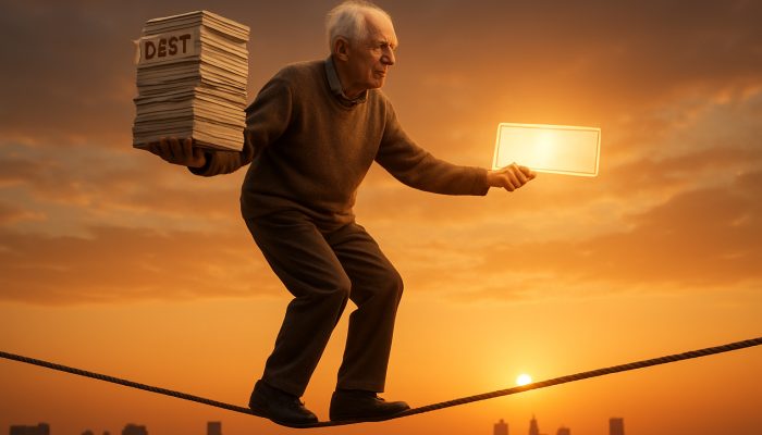 Elderly person balancing debt bills and pension check on tightrope at sunset.