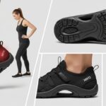 A collage of images showcases a woman in black athletic wear and Xero Shoes standing and squatting, close-ups of the shoes from the side and bottom, and a red highlight on her ankle, emphasizing improved posture in one image.