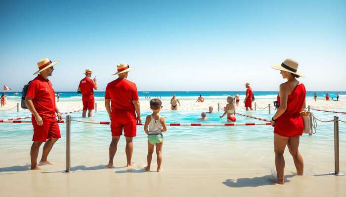Beach scene with lifeguards in red uniforms monitoring swimmers in designated areas, families wearing hats and sunglasses under bright sun.