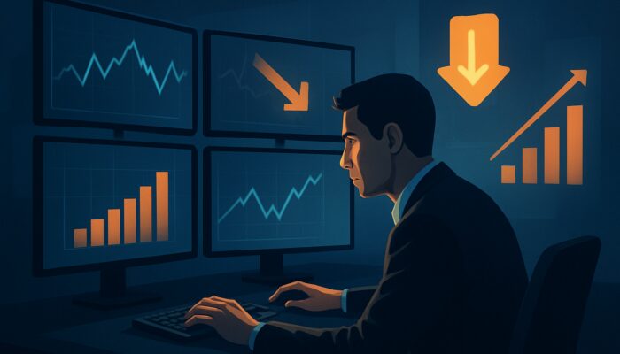 A trader analysing stock charts on multiple screens, placing limit orders with icons representing reduced fees and increased volumes.