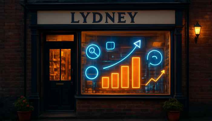 Vibrant Lydney small business storefront with glowing SEO graphs, search icons, and arrows boosting online presence.