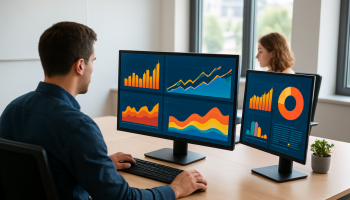 Analysts in modern Lydney office viewing Google Analytics dashboards with rising traffic graphs and summer peaks.