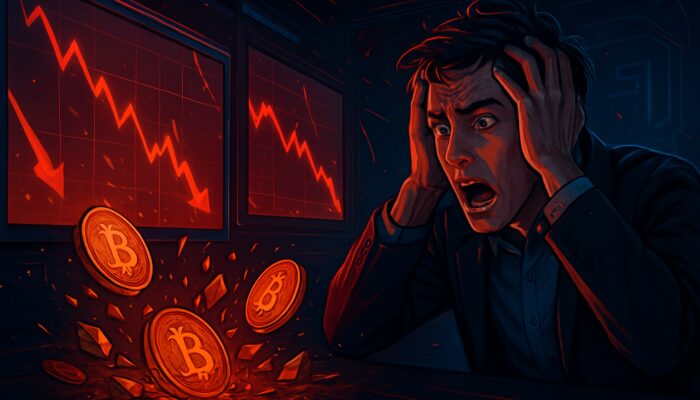 Frantic trader observes plummeting cryptocurrency charts on screens with shattering coins and red slippage arrows.