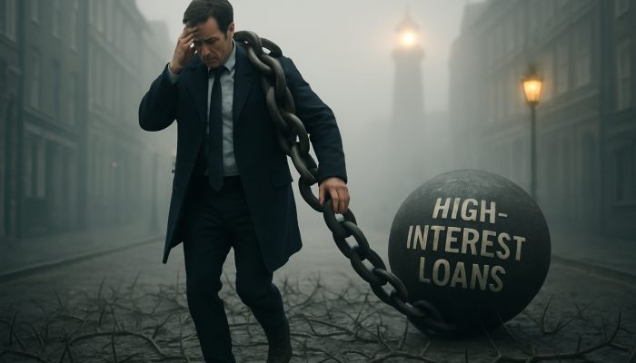 Stressed person in foggy London street, chained by high-interest loans, navigating thorns toward financial advice beacon.