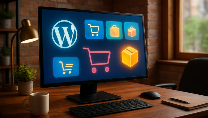 Dynamic WordPress dashboard in Bridport office, illustrating WooCommerce e-commerce icons and shopping carts.