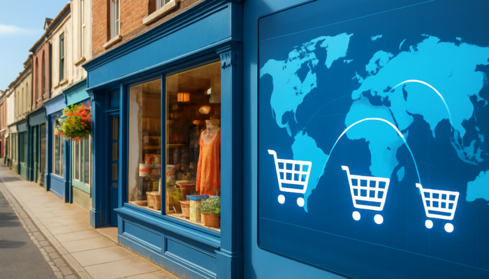 Vibrant Bridport shop merging with WooCommerce e-commerce carts and global maps for UK business expansion.
