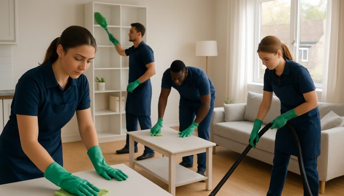 Uniformed professional cleaners tidying a sunlit UK apartment with eco-friendly tools.