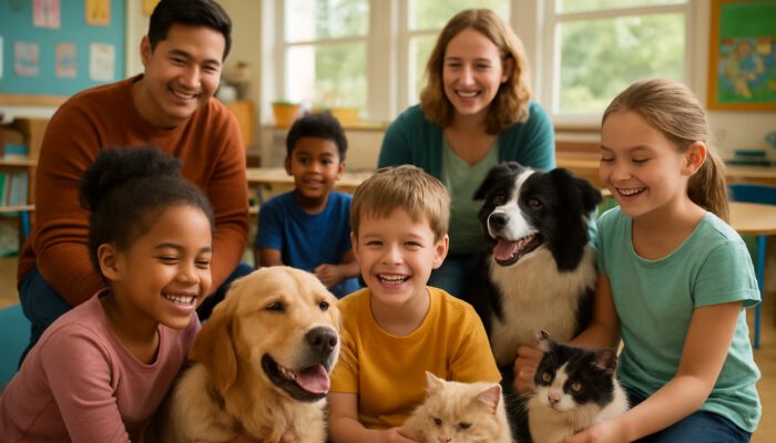 Children and teachers interact with therapy dogs and cats in a vibrant classroom for emotional support.