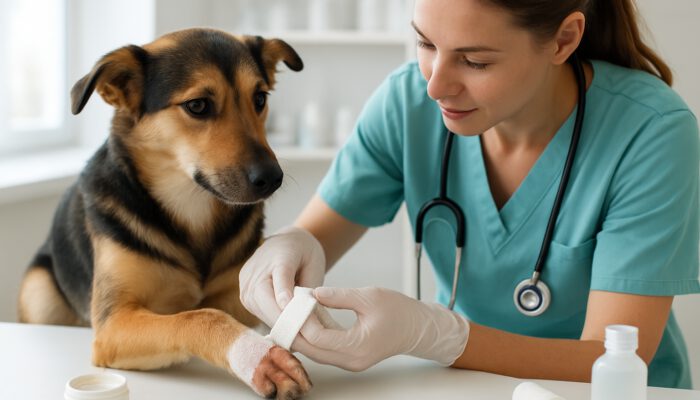 Veterinarian bandaging dog's paw burn wound in clinic with medical tools for safe pet healing.