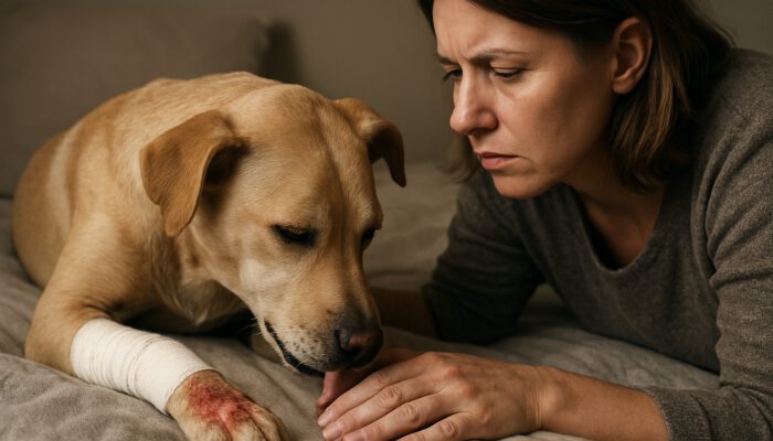 Concerned owner watches bandaged dog licking burn wound on cozy bed, showing lethargy.