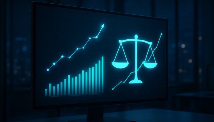 Sleek financial dashboard displaying the Calmar Ratio, upward-trending stocks, and risk-return balance in a modern office setting.