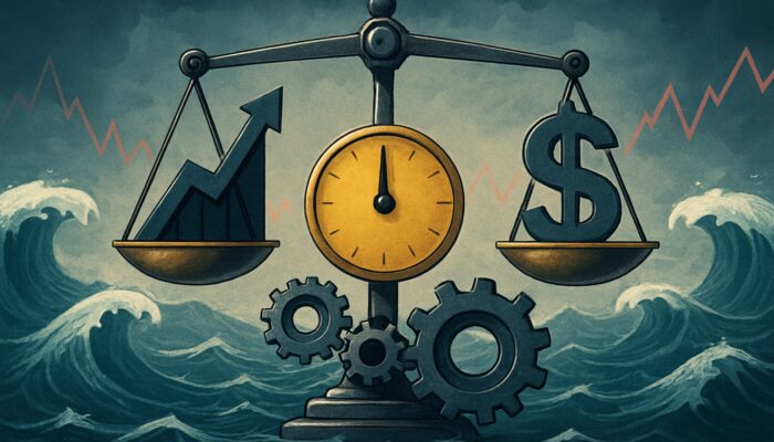 Financial scale balancing the Calmar Ratio amid stock market fluctuations and gears adjusting for volatility and risk.