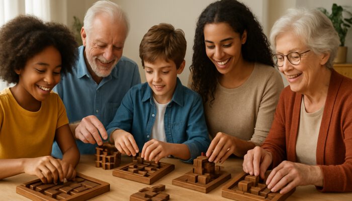 A diverse group of players of all ages solving Havana Brown puzzles with focused, joyful expressions in a bright environment.