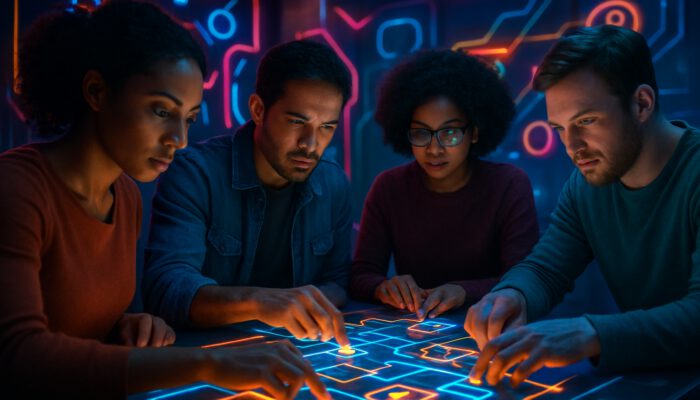 Diverse players engaged in solving illuminated puzzles within a futuristic Havana Brown intelligence game environment.