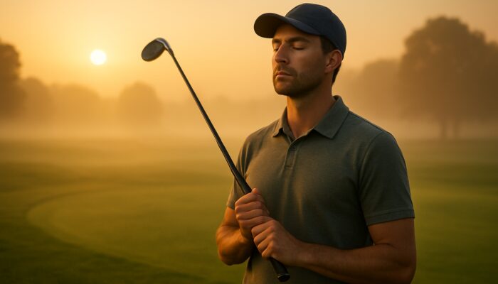 Focused golfer in calm concentration on a misty dawn fairway, overcoming performance anxiety.