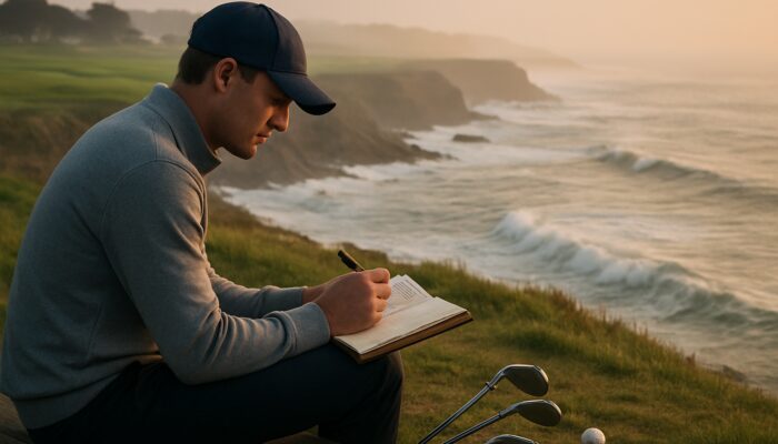 Golfer journaling emotions on a cliffside bench overlooking misty ocean waves at a coastal golf course