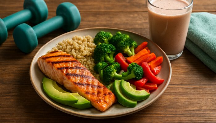 Nutritious post-workout recovery meal featuring grilled salmon, quinoa, avocado, vegetables, protein shake, and dumbbells.